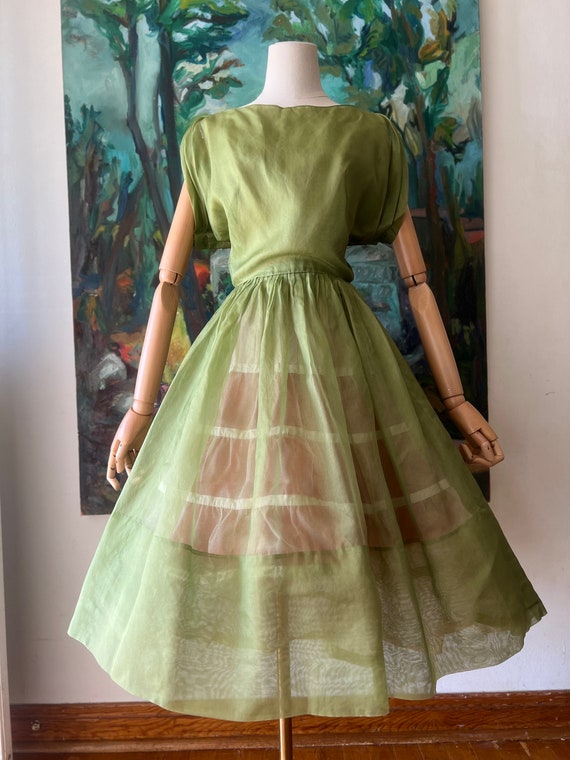 1960s Sheer Olive Green Fit and Flare Dress - image 2