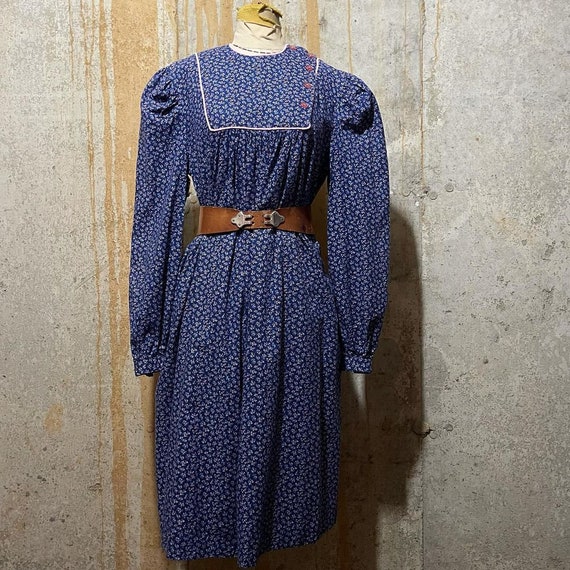 1970s Blue Calico Print Long Sleeve Oversized Dres