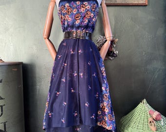 1970s  Navy Tiered Floral Sundress