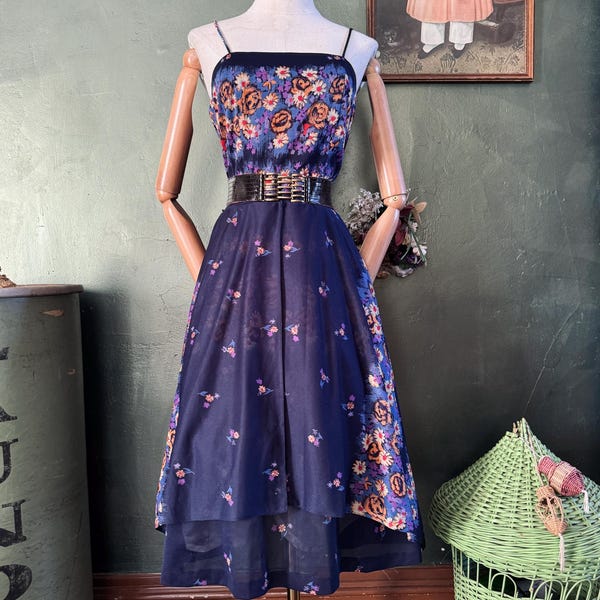 1970s  Navy Tiered Floral Sundress