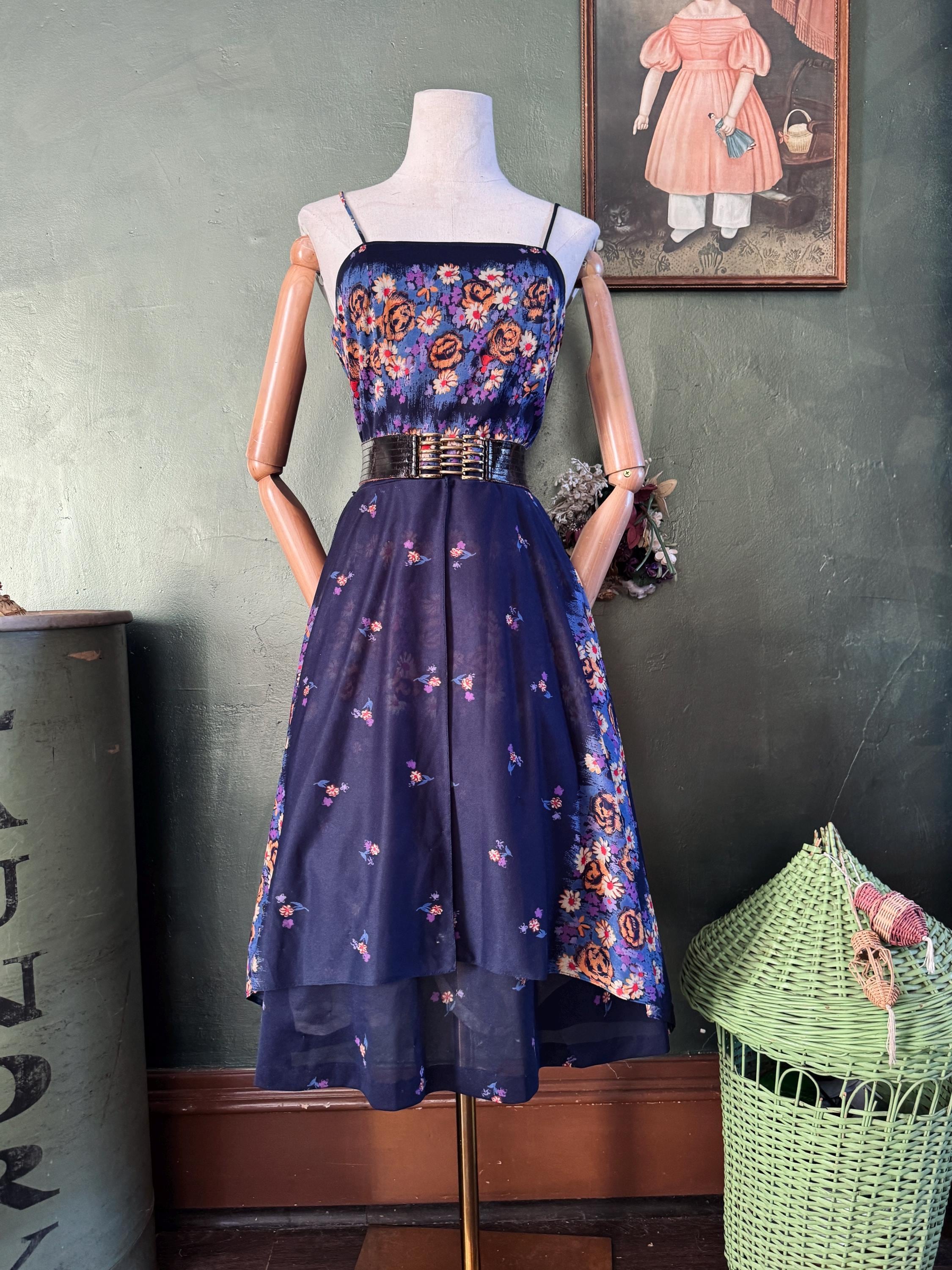 1970s  Navy Tiered Floral Sundress