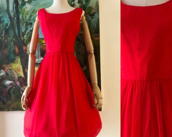 1960s  Red Chiffon Fit and Flare Dress