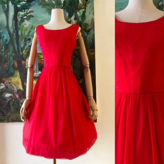 1960s  Red Chiffon Fit and Flare Dress - image 1