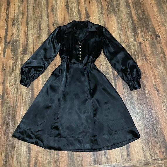 1940s Black Satin Bishop Sleeve Dress