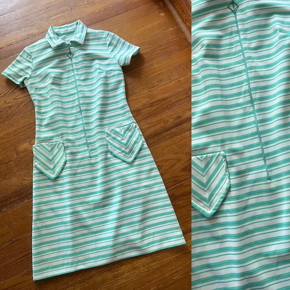 1960s  early 70s green and white striped shift dr… - image 1