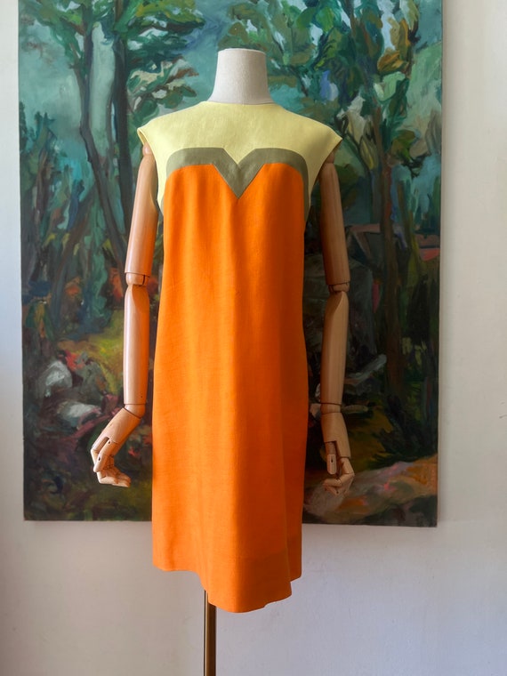 1960s  Orange Yellow and Green Color Blockecd Dres