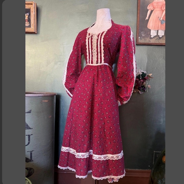 1970s Beige and Brown Velvet Lace Up Maxi Gunne Sax Prairie Dress and 1970s  Cranberry Gunne Sax