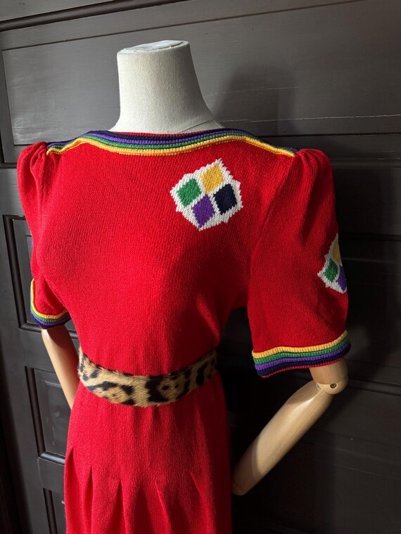 1980s  Red and rainbow knit dress - image 6