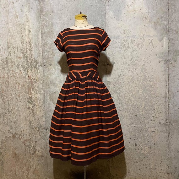 1950s Brown and Orange Striped Fit and Flare Dres