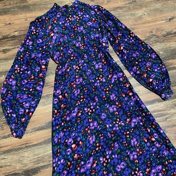 1970s purple floral maxi dress with bishop sleeves