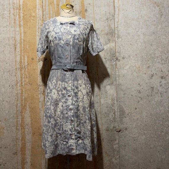 1950s Sheer Gray Floral Print Fit and Flare Dress