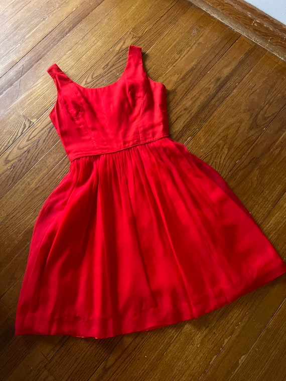 1960s  Red Chiffon Fit and Flare Dress - image 6