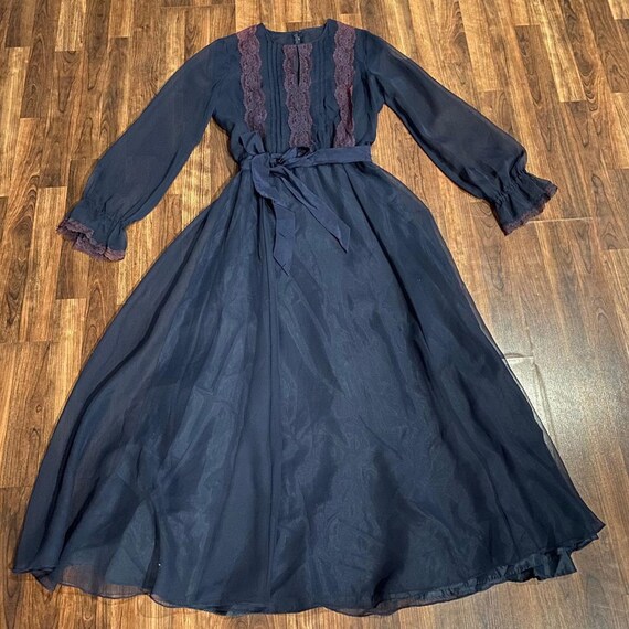 1960s Navy Blue Long Sleeve Sheer Maxi Dress With