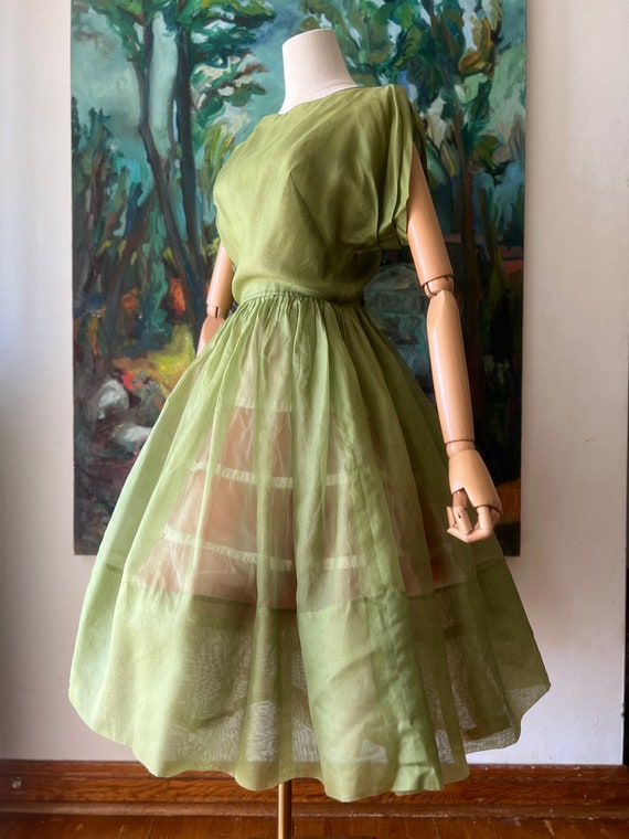 1960s Sheer Olive Green Fit and Flare Dress - image 3