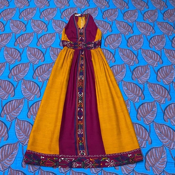 1960s magenta and orange colorblock maxi halter dr
