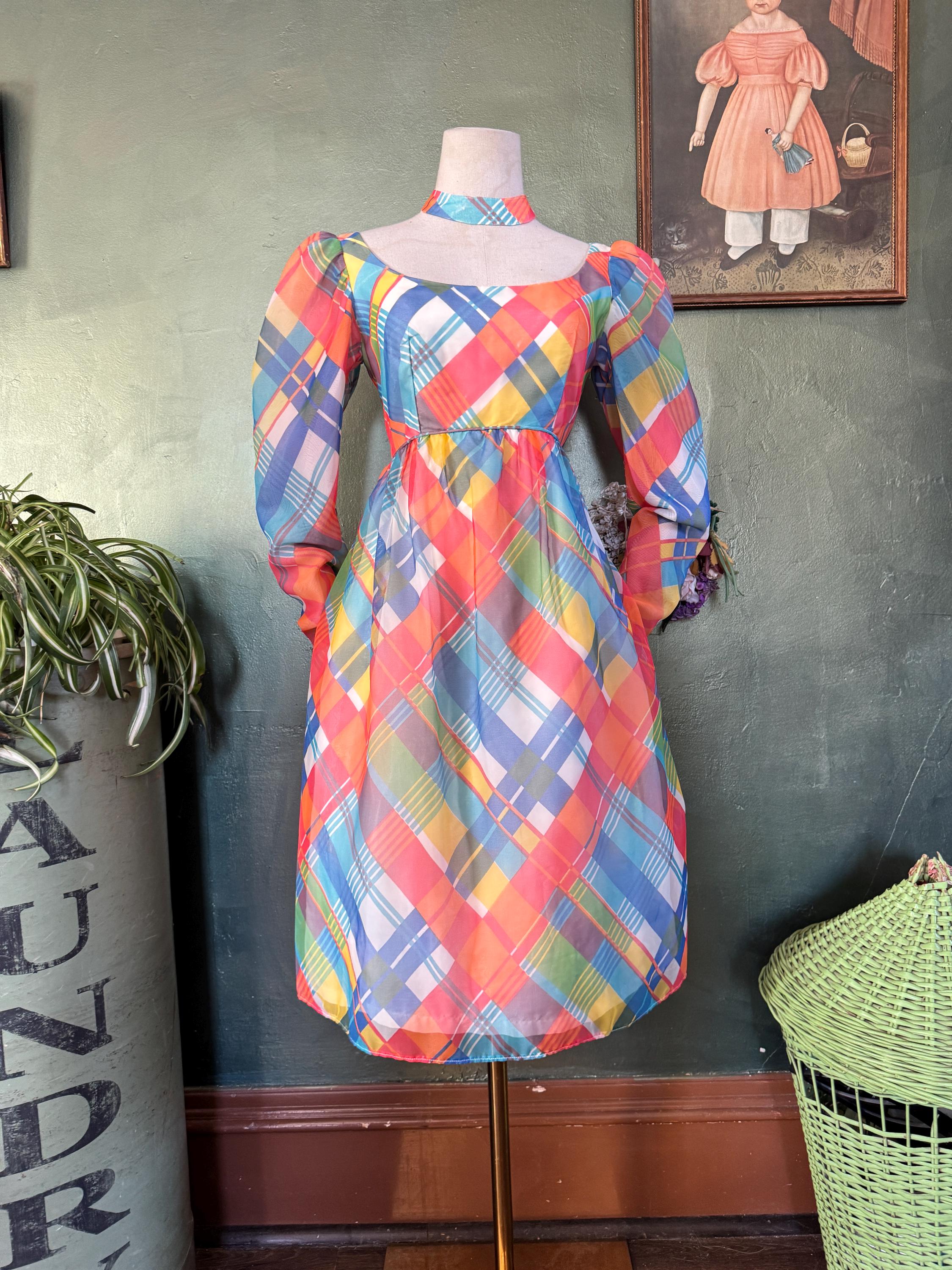 1960s  Rainbow Plaid Cutout Chiffon Dress
