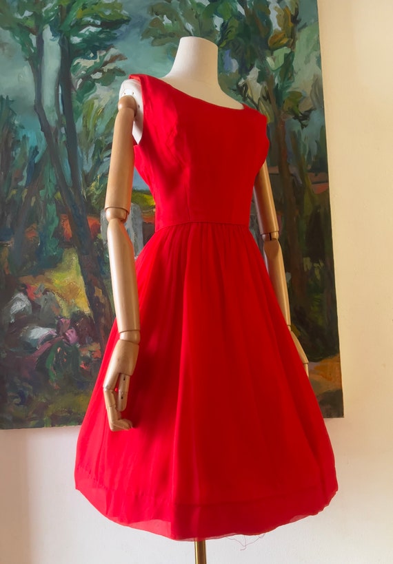 1960s  Red Chiffon Fit and Flare Dress - image 7