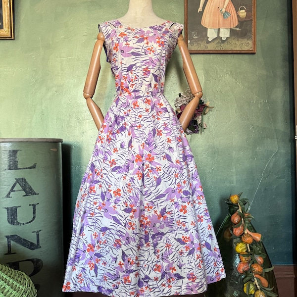 1950s  Purple and Orange Floral Print Fit and Flare
