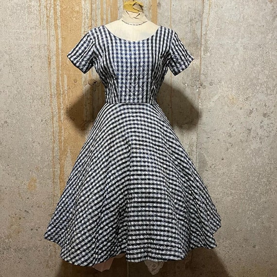 1950s blue plaid quilted circle skirt dress