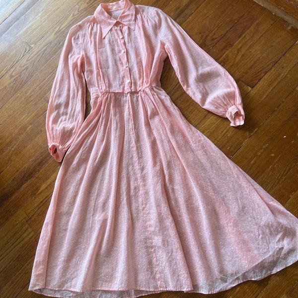 1940s  Sheer Pink and White Floral Print Balloon Sleeve Shirt Dress