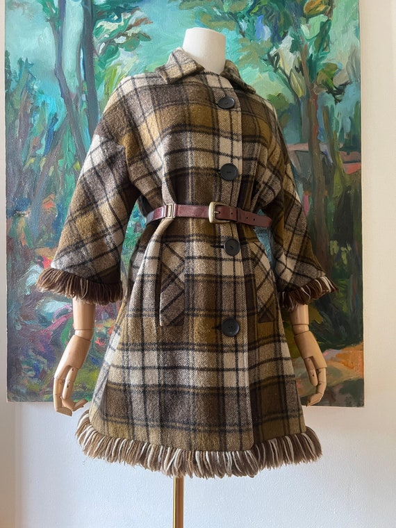 1960s  Green Plaid Oversized Coat With Fringe - image 2