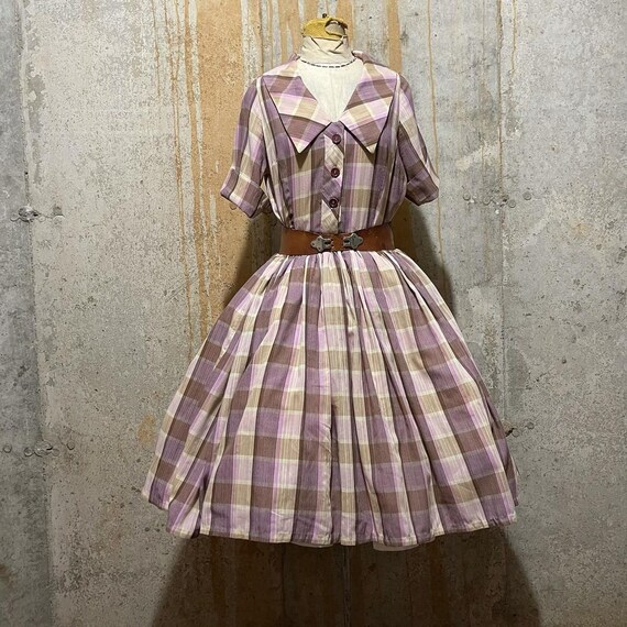 1950s purple and brown plaid fit and flare