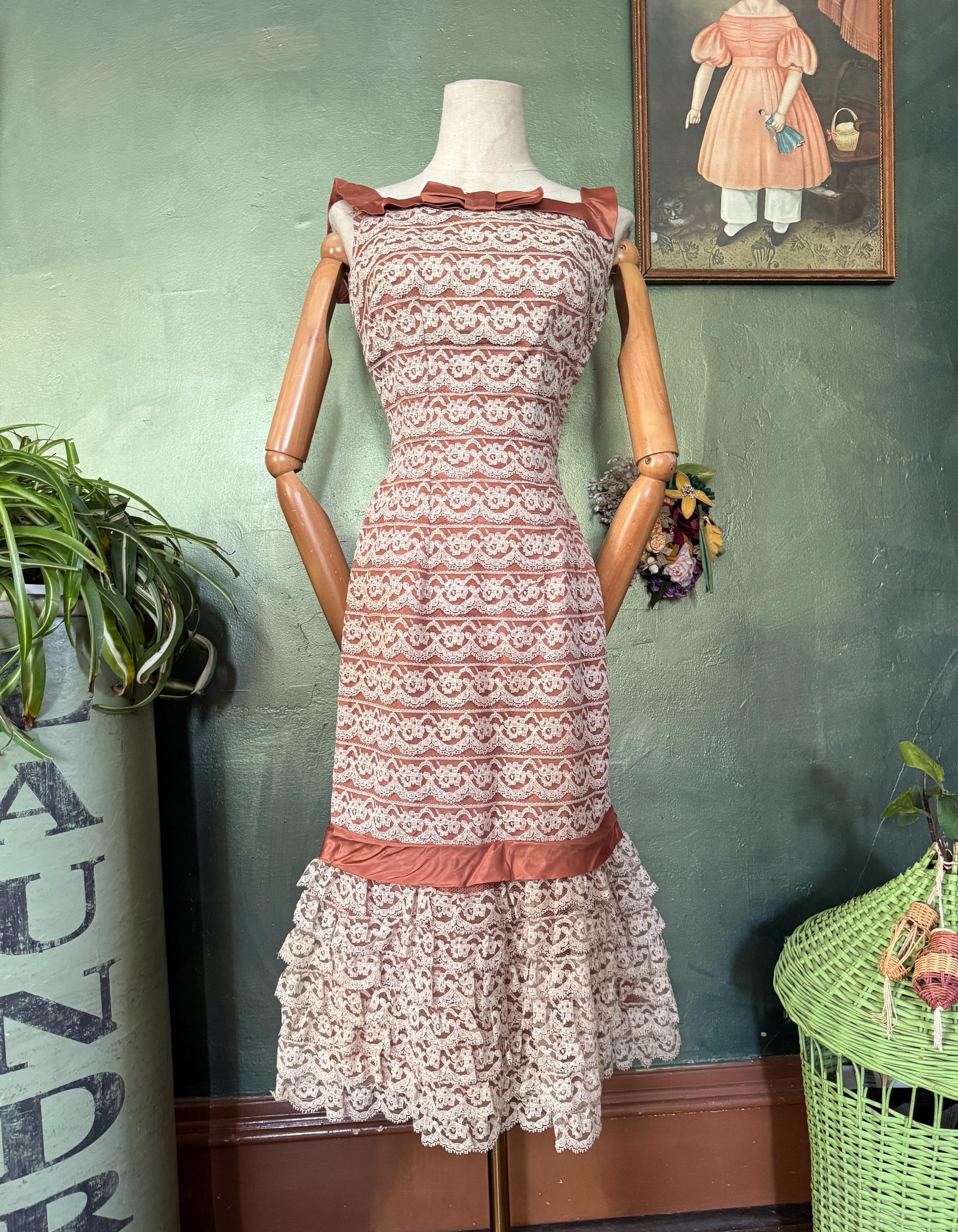 1950s  Taupe and Cream Tiered Lace Sheath Dress