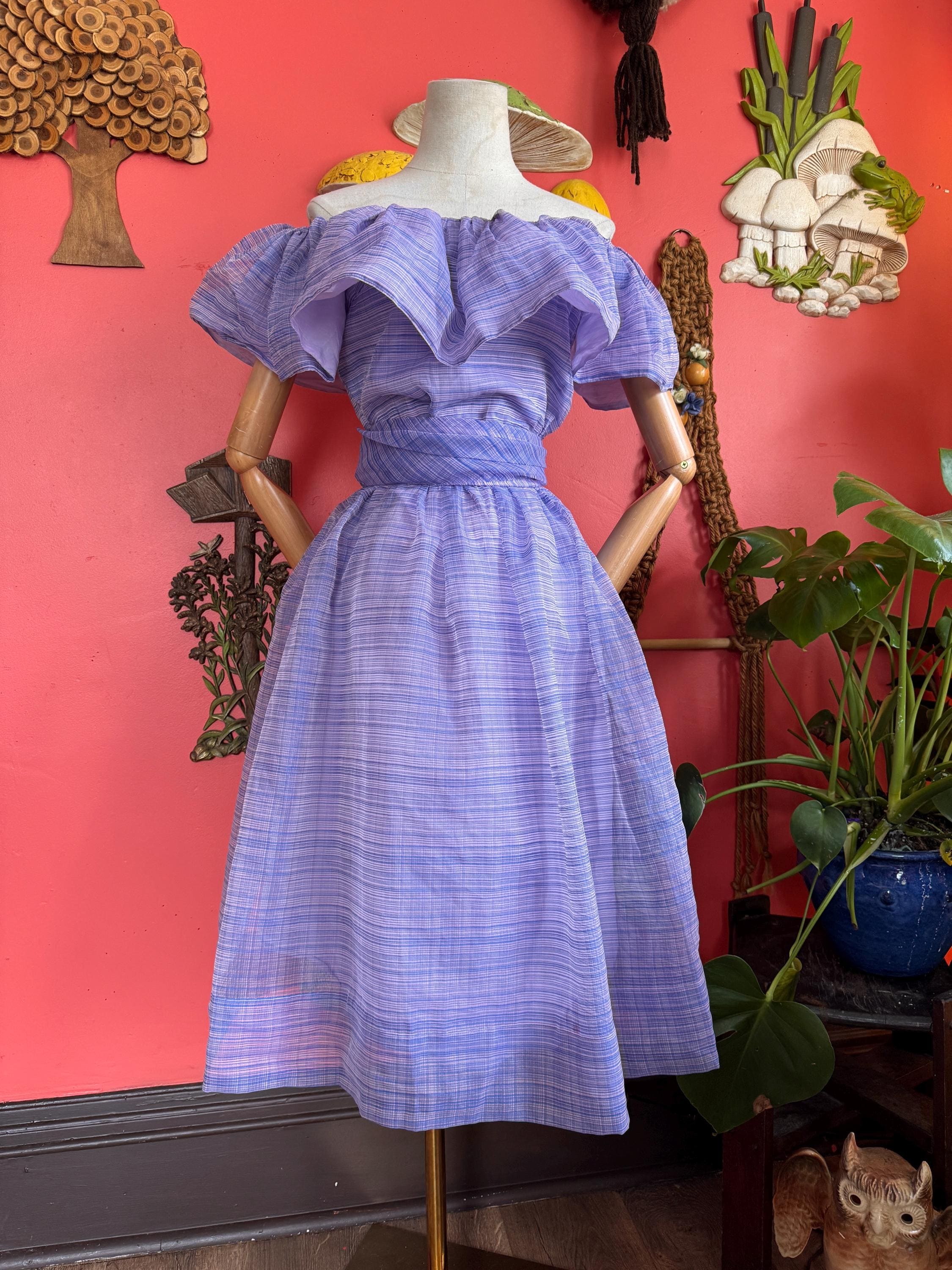 1970s Early 80s lavender striped ruffled fit and flare dress