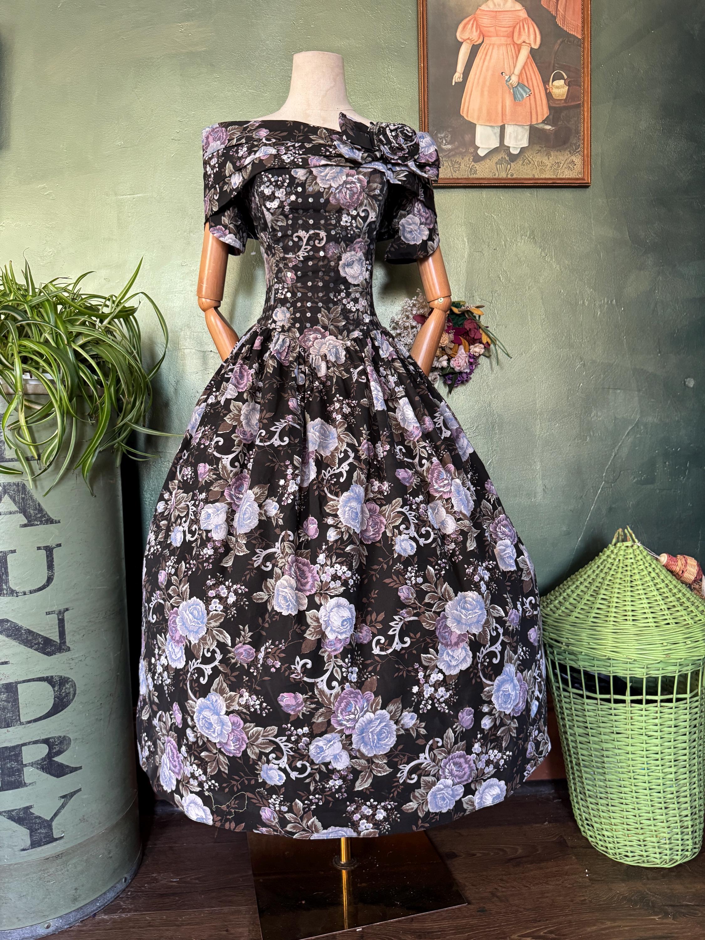 1980s  Black Floral Sequined Fit and Flare