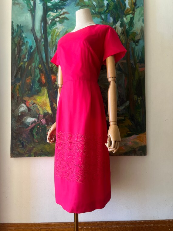 1950s  hot pink chiffon floral eyelet dress - image 3