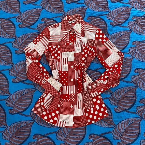 1960s Red and White Patchwork Print Bishop Sleeve