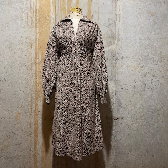 1970s Cranberry and Green Calico Prairie Dress WIt
