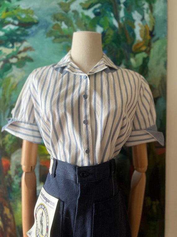 1950s  white and blue striped puff sleeve blouse