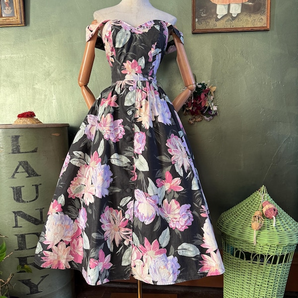 1980s  Black and Pink Floral Fit & Flare Dress