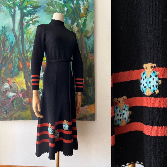 1970s  Novelty Ladybug Embroidered Knit Dress  - image 2