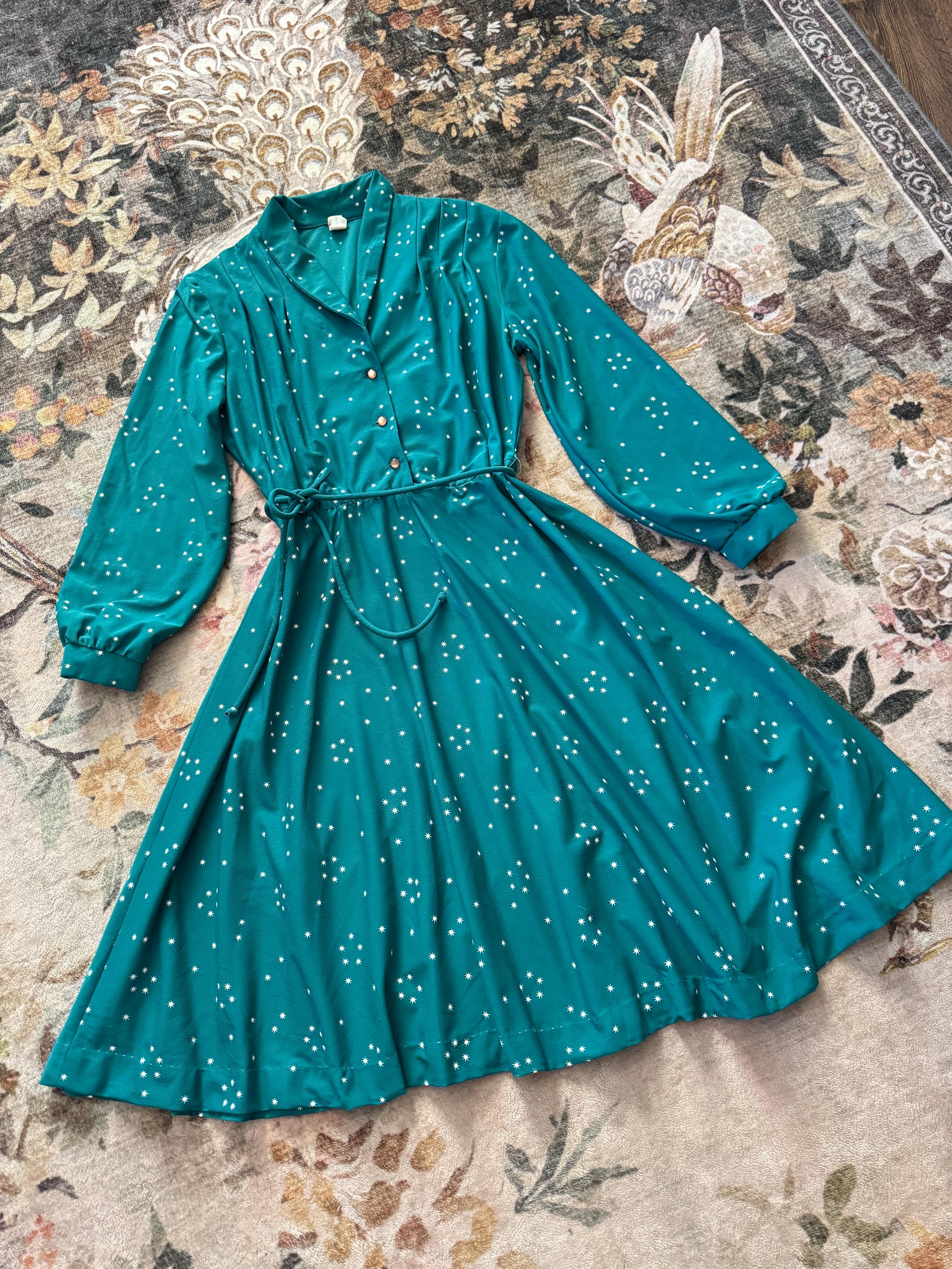 1980s  Teal Star Print Long Sleeve Fit & Flare Dress