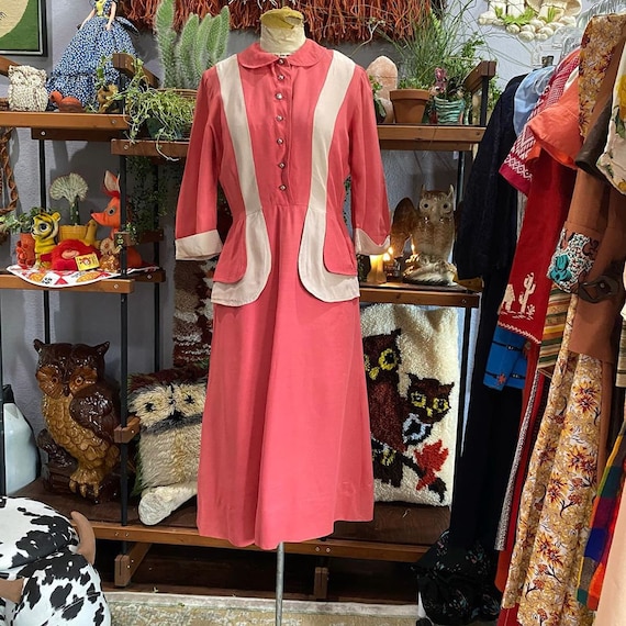 1940s Pink and Light Purple Gab Color Blocked Shir