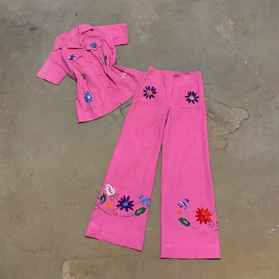1970s Bubble Gum Pink Embroidered Flared Pant Suit