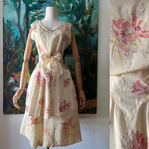 1930s  cream floral print bias cut dress - image 1