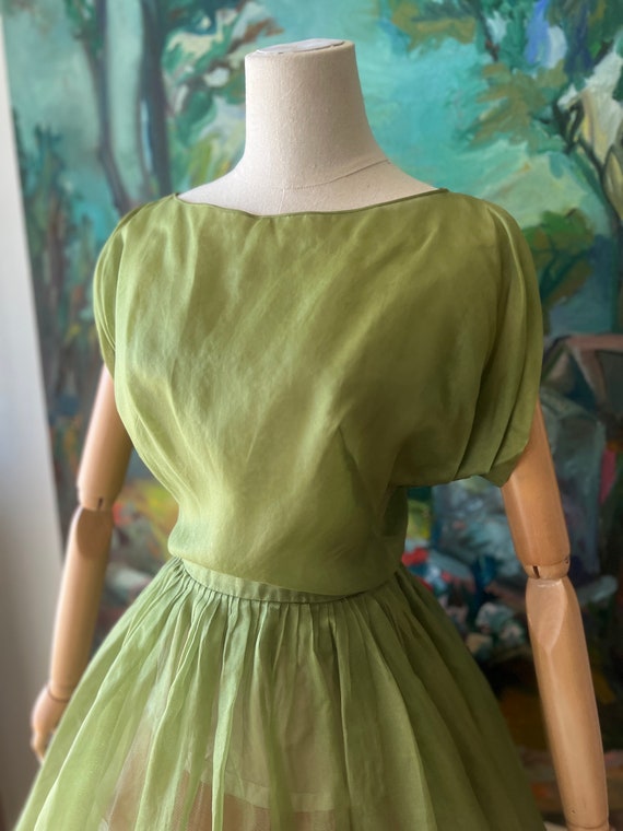 1960s Sheer Olive Green Fit and Flare Dress - image 7