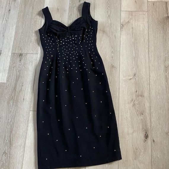 1950s Black Rayon Rhinestone Wiggle Dress With Swe