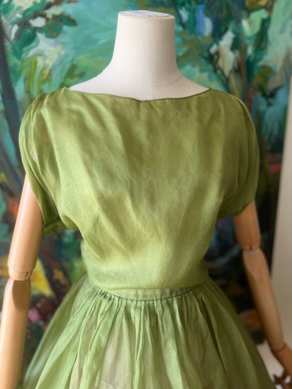 1960s Sheer Olive Green Fit and Flare Dress - image 6