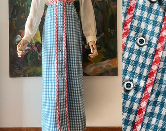 1970s  Blue Red and White Gingham Maxi Skirt