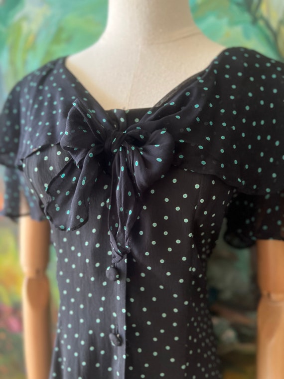 1990s  dark blue and green polkadot flouncy shirt… - image 6