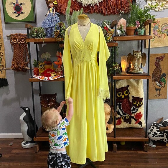 1970s bright yellow halter dress with matching sha