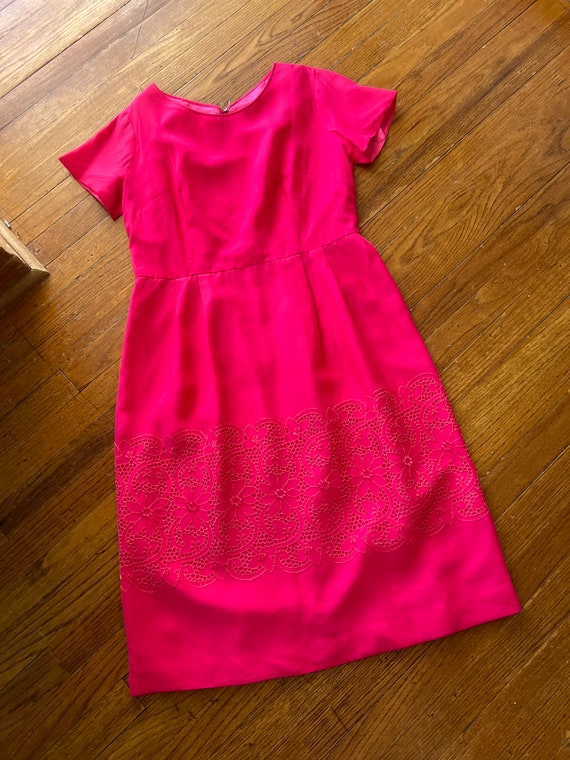 1950s  hot pink chiffon floral eyelet dress - image 5