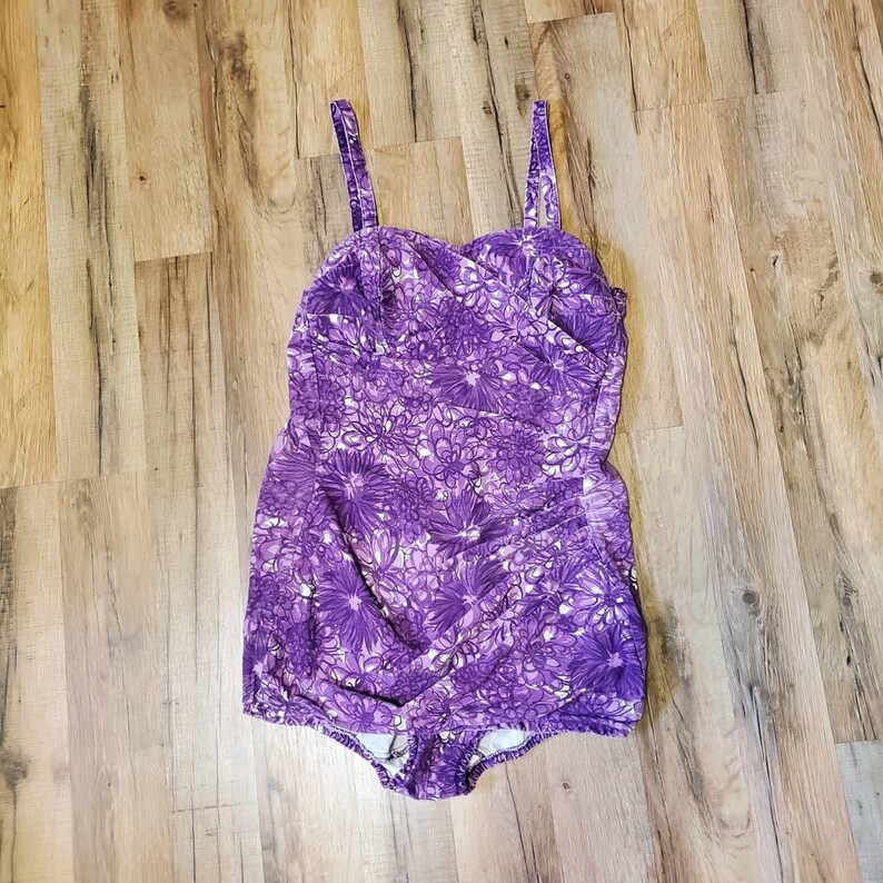 1950s\u00a0\u00a0Catalina Masterpiece Purple Floral Play Suit Swim Suit