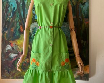 1960s  Lime Green With Orange Floral Embroidered Pocket Shift Dress