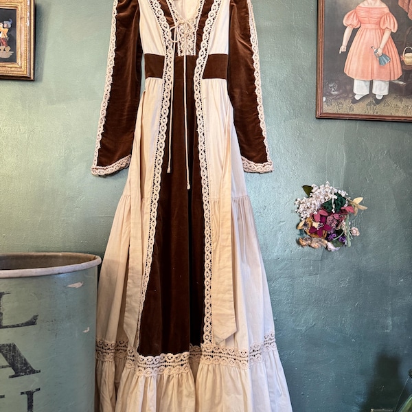 1970s  Beige and Brown Velvet Lace Up Maxi Gunne Sax Prairie Dress