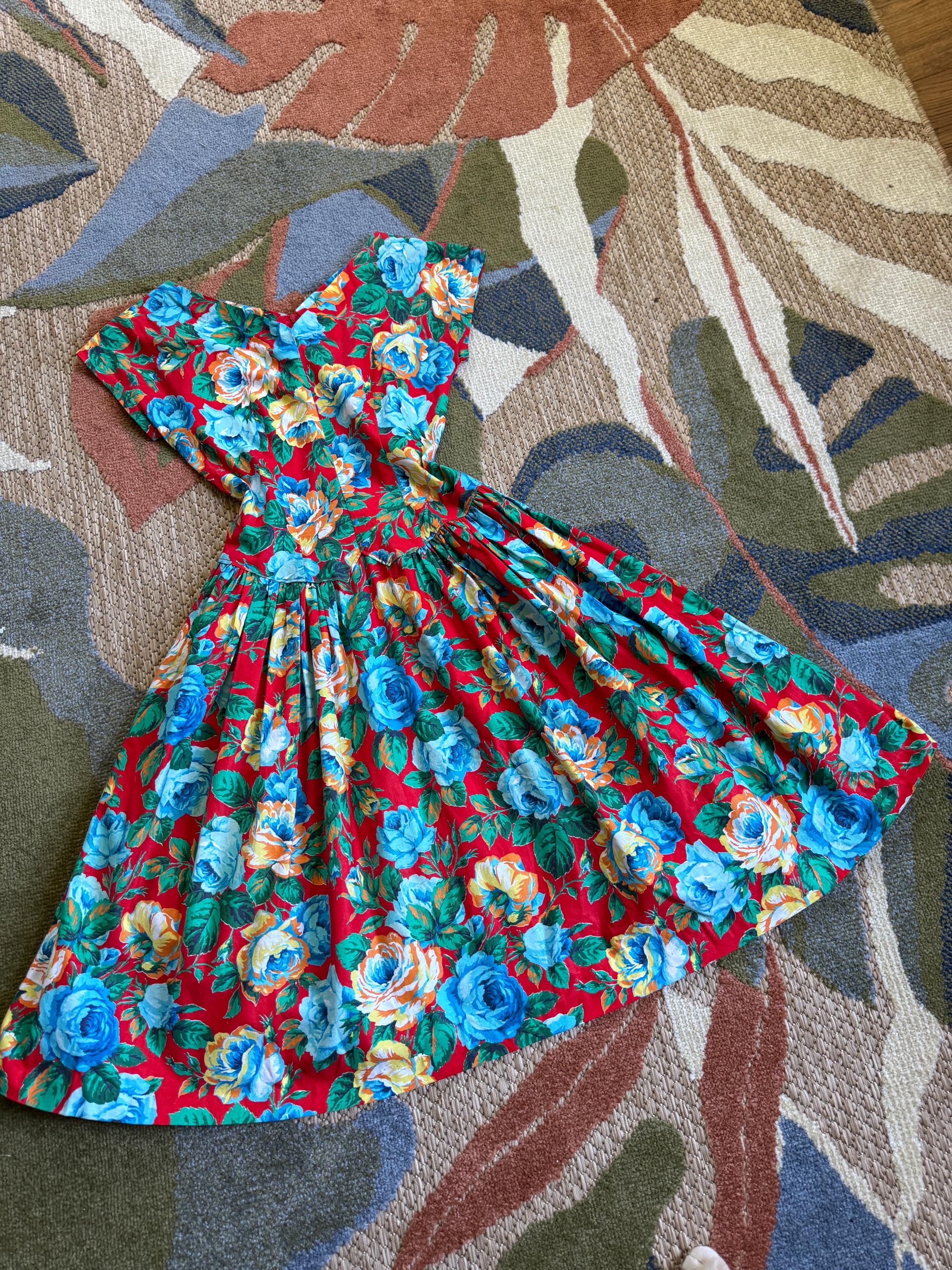1980s Red and blue Rose Print Fit and Flare Dress